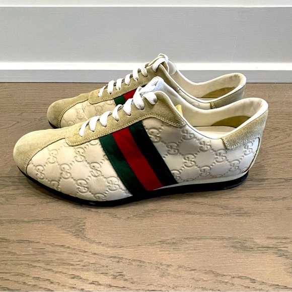 Gucci Cream/Suede & Leather Web Low Top Sneakers Size U.S-9E/Euro-42E - Picture 3 of 6